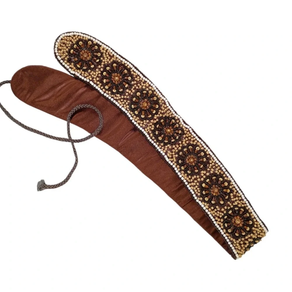 Womens Brown Beaded Floral Wide Waist Belt Boho Wood Seed Bead Tie Cinch 33 Inch